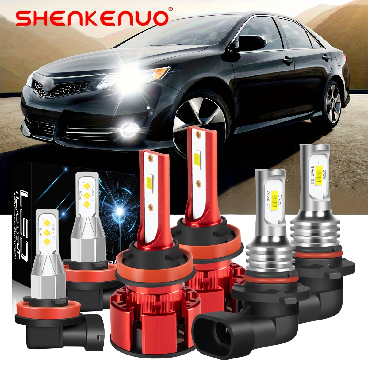 TEMU For Camry 2007-2014 Led Headlight Bulbs Kit | 9005+h11+h11 High Low Beam Fog Light Bulbs Combo, 6000k Cool White, Plug And Play, 3000 , Aluminum Material, Shenkenuo Brand, Without Battery