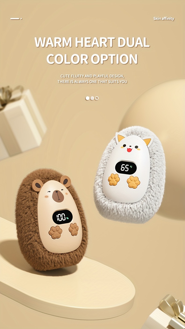 portable usb rechargeable hand warmer 1200mah lithium battery 3w round plastic electric   with fluffy cover fast heating in   cute cartoon design details 9