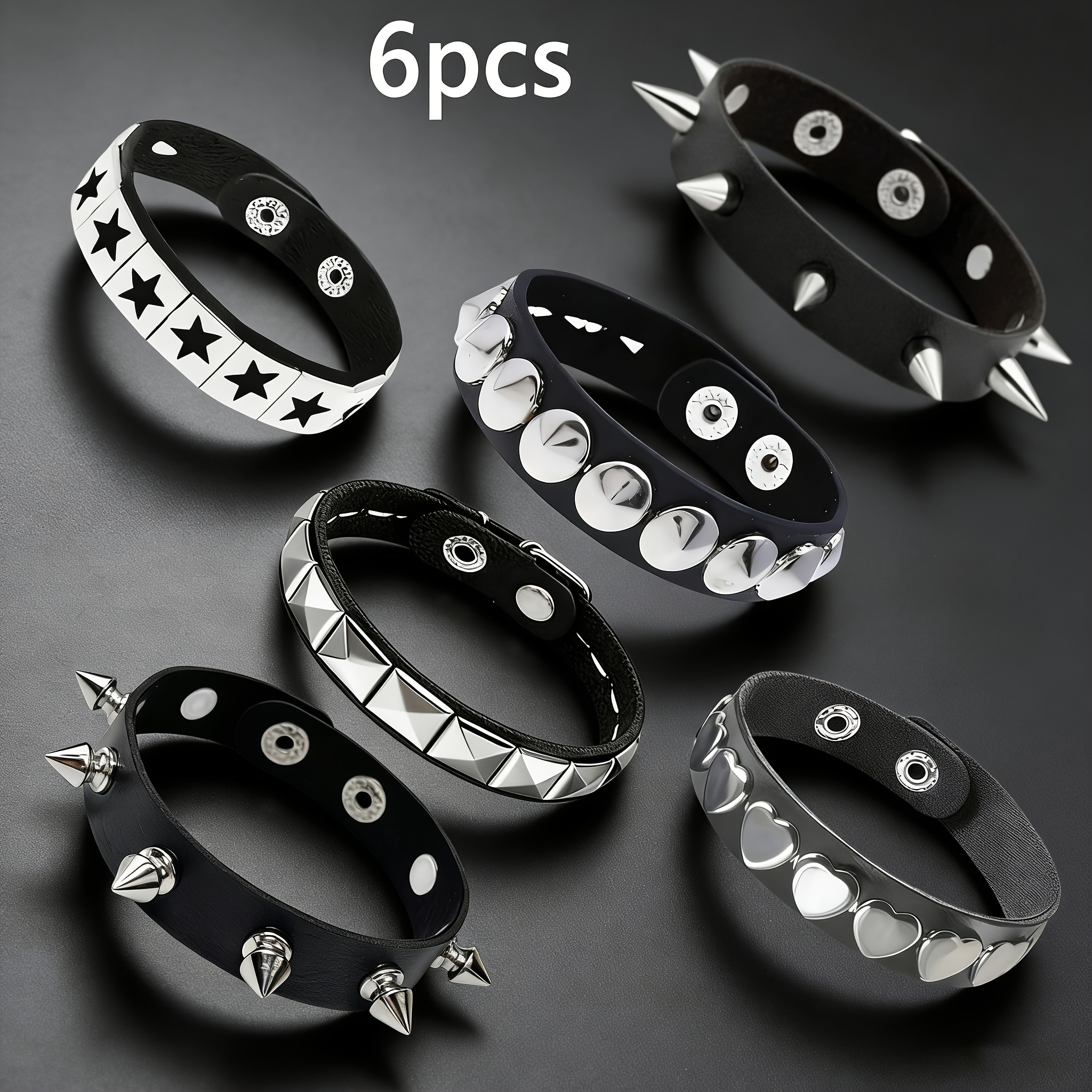 TEMU 6pcs Punk Gothic Pu Bracelet Set - Spike, Pyramid Stud, Heart & Star Cuffs, Y2k Grunge Streetwear Jewelry