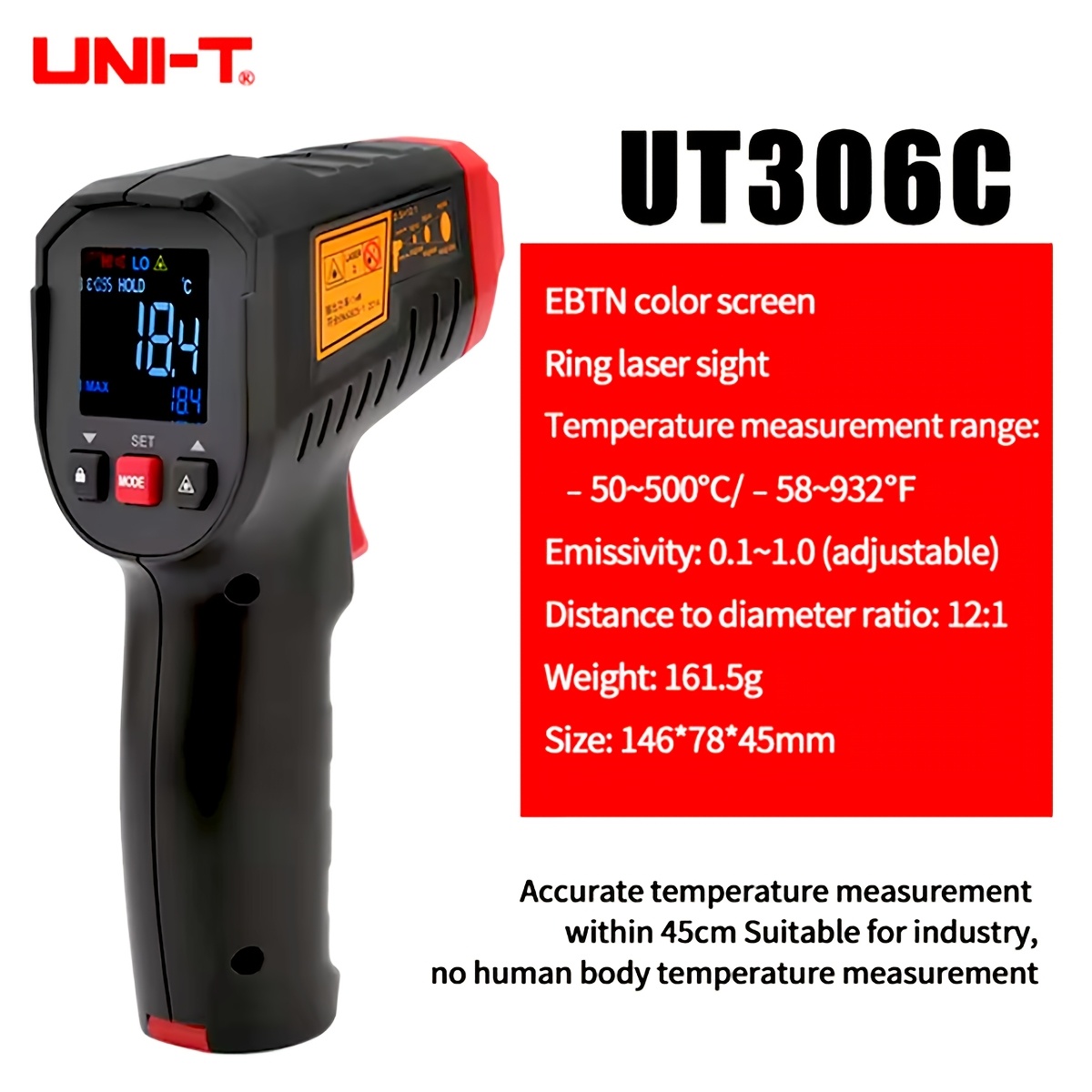 1pc Professional Infrared Thermometer Gun with Digital LCD Display, High Accuracy, Non-Contact Temperature Measurement for Home Health and Industrial Use, Plastic, Single Use, Requires 2 AAA Batteries (Not Included), Fast Response, Low Laser Power (0.4mW-1mW) - UT306C/UT306S Models