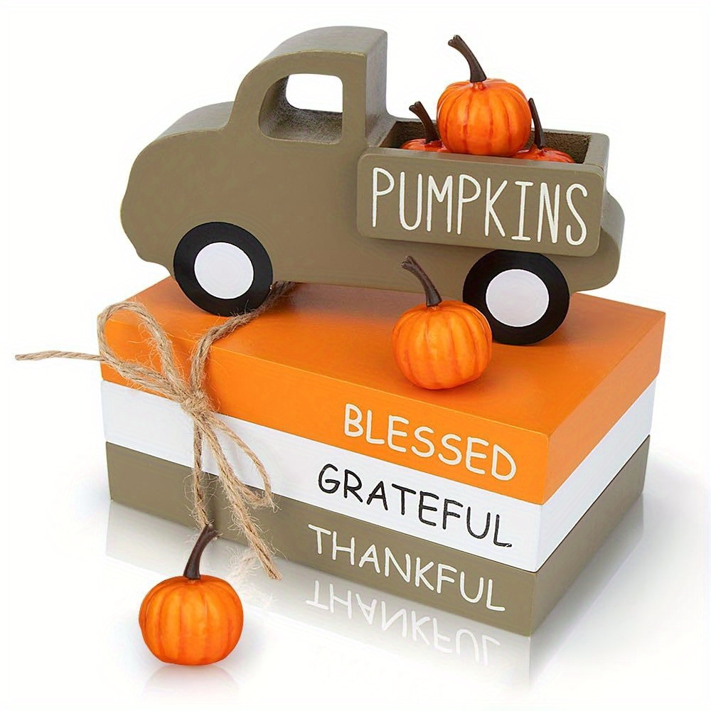 TEMU Rustic Wooden Thanksgiving Tiered Tray Decoration | Truck, Book & Pumpkin Themed Party Table Centerpiece Blocks - Home Decor For Dining Table,