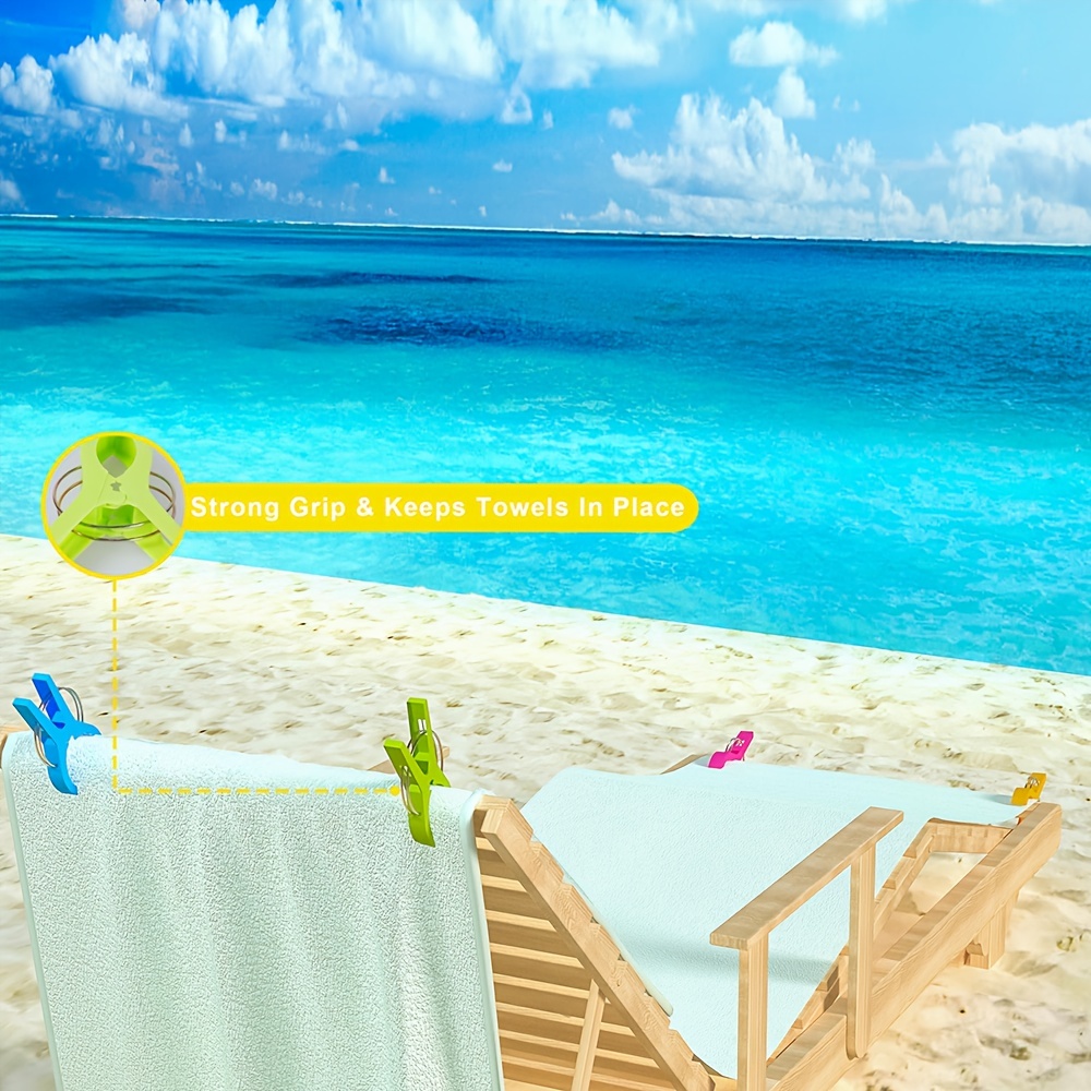 12 Pack Beach Towel Clips,Plastic Strong Pool Chair Clips,Heavy Duty Beach Towel Holder Laundry Clothes Clips For Beach Chair Pool Chair On Cruise,Windproof Clamps Clothes Pegs,No Trace,Bright Color