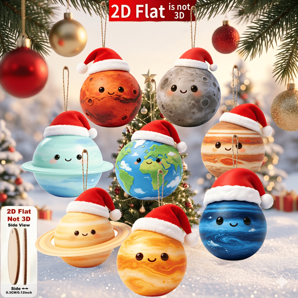 TEMU 2d Flat, 8pcs Great Planets Wooden Christmas Ornaments, Holiday Decorations, Party Gathering Decorations, Home Hanging Decorations, Christmas