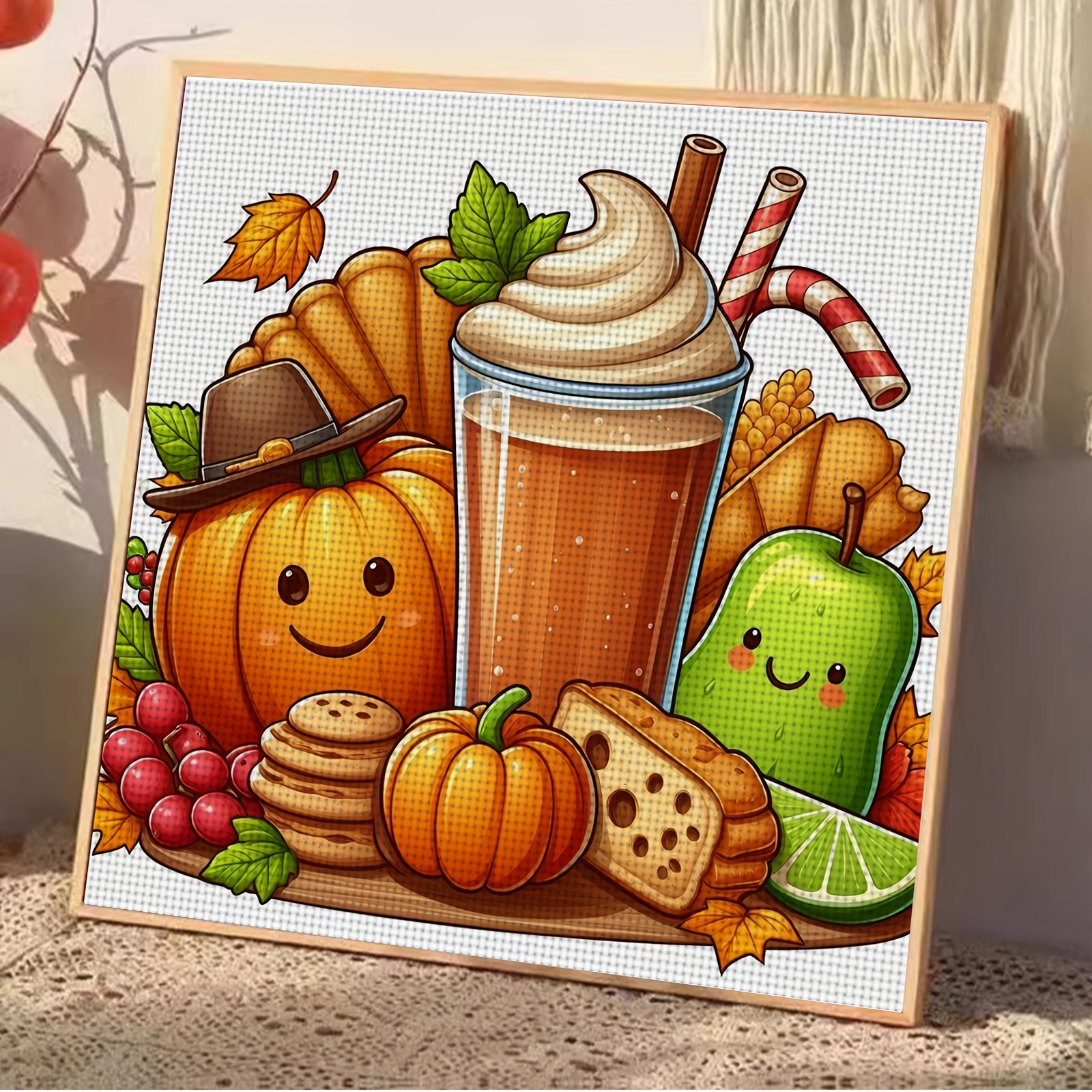 11CT Printed Cross Stitch DIY Kit, Autumn Drink with Pumpkin