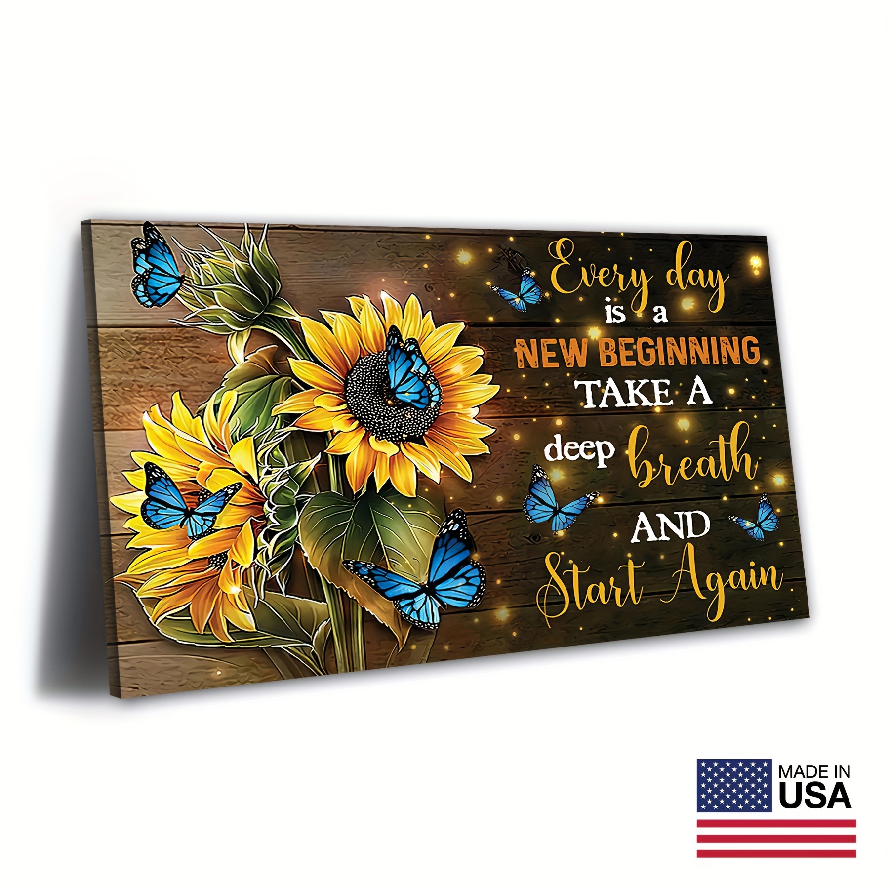 

1pc Wooden Framed Sunflower Motivational Wall Art Yellow Floral And Blue Butterfly Print Picture Rustic Inspirational Quotes Painting Artwork For Bathroom Living Room Bedroom Home Decor, Canvas Frame