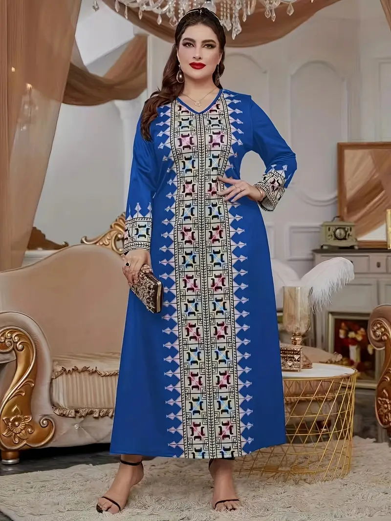 tribal print v neck a line dress elegant long sleeve ankle - Temu tribal print v neck a line dress elegant long sleeve ankle - Temu