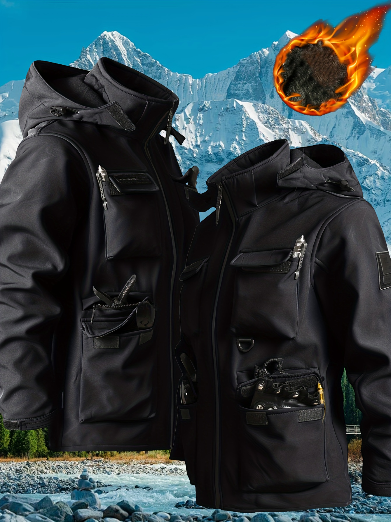 Men's Windproof Fleece-Lined Thickened Jacket with Hood and Multiple Pockets