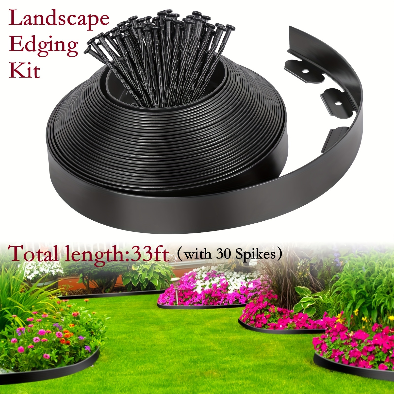 

Landscape Edging Border Kit, 33 Ft With 30 Spikes, 2" Tall No Dig Garden Edging Lawn Border, For Landscaping Flower Beds Yard