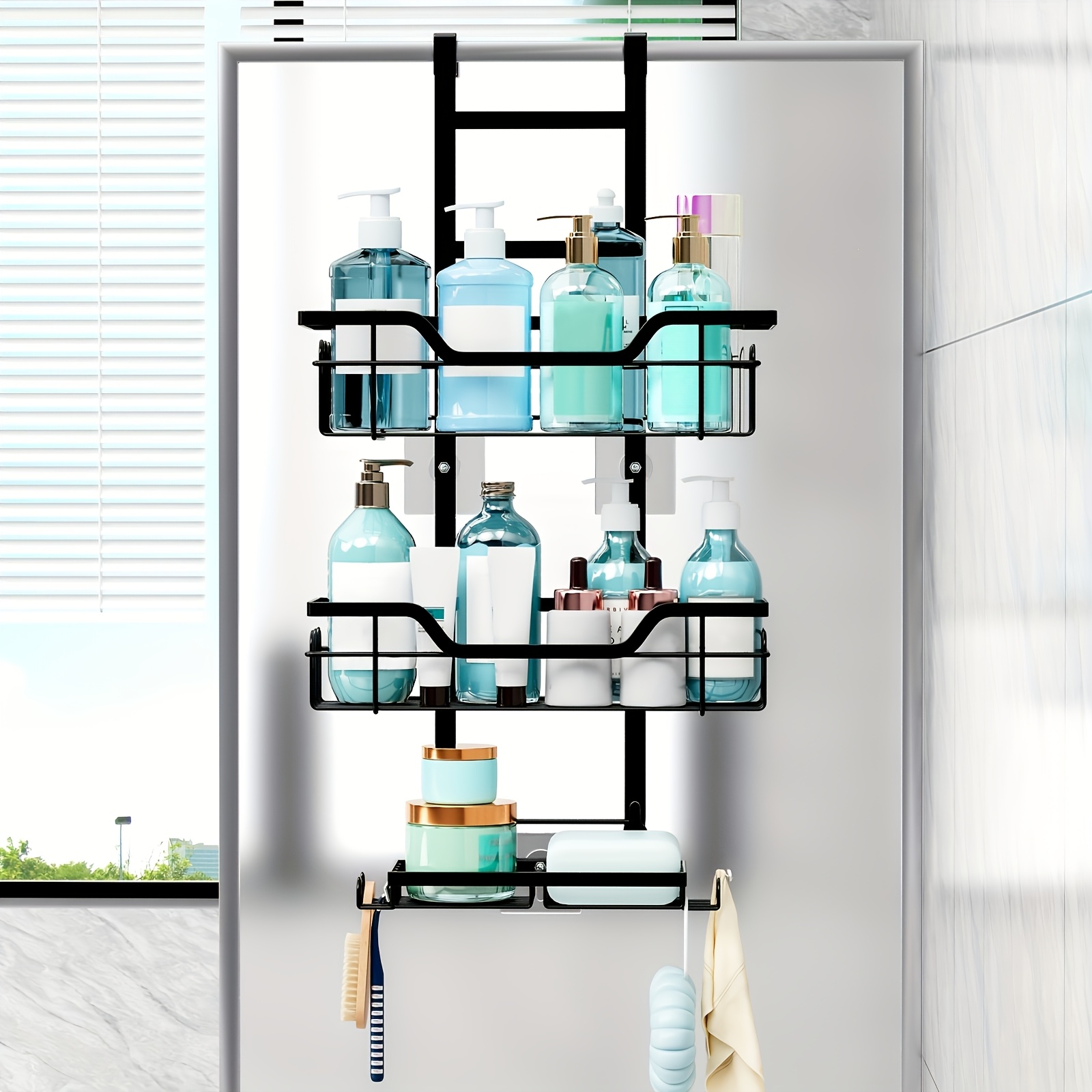 TEMU 1pc Luxurious 3-tier Over-the-door Hanging Shower Caddy Rack - Rustproof Stainless Steel Bathroom Organizer With Soap Holder, Space-saving