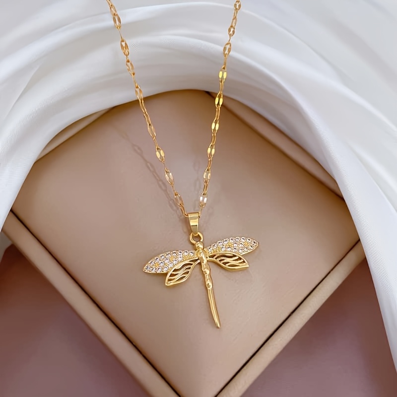 TEMU Collana con pendente elegante a forma di libellula in rame intarsiato con zirconi sintetici, dal design elegante e sofisticato. Adatta a , ,