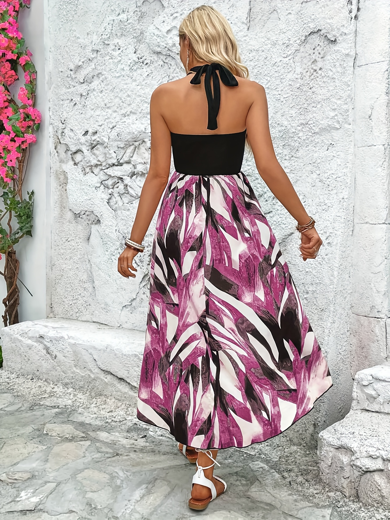 patterned print round neck backless dress women's clothing - Temu Bahrain