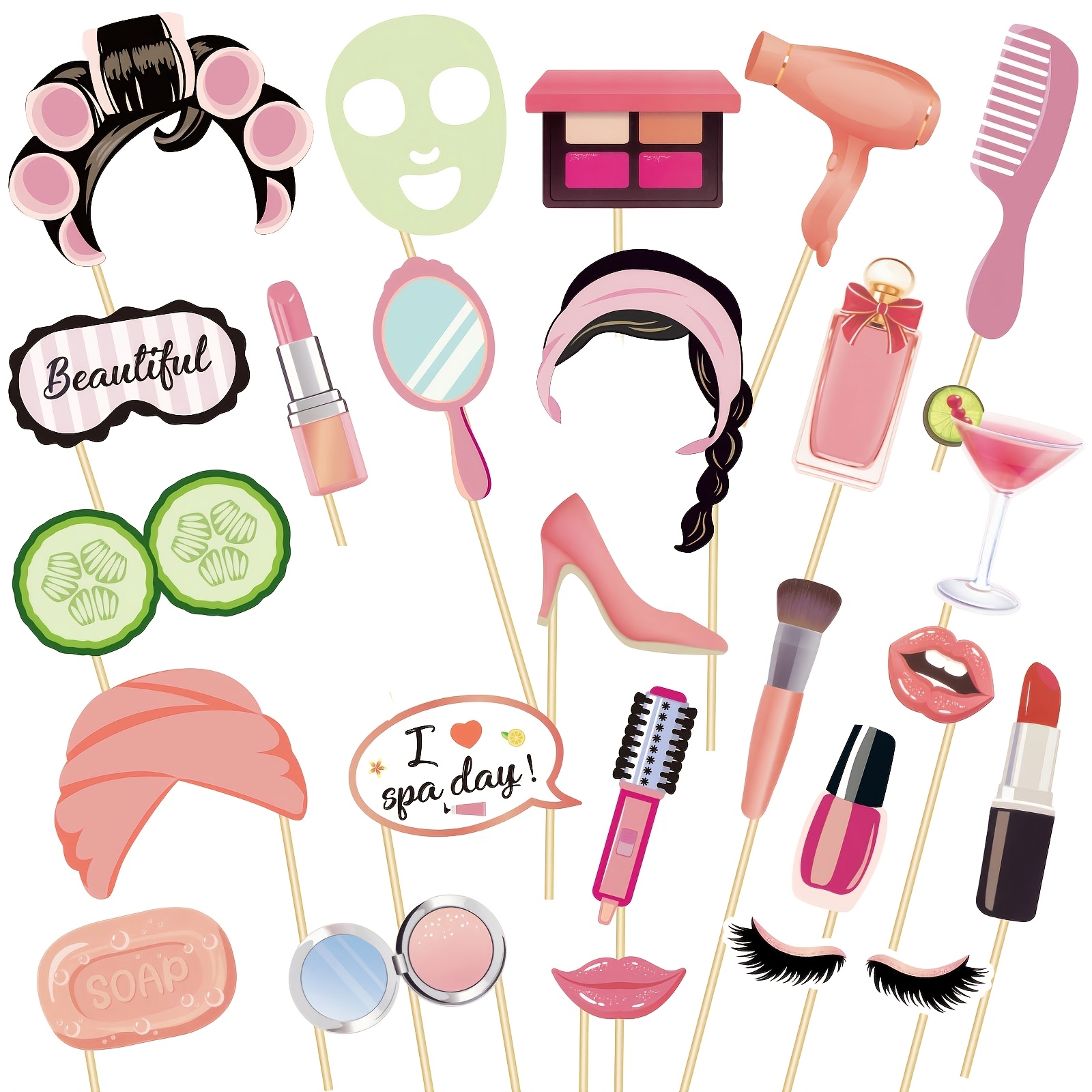 25pcs Spa Theme Photo Booth Props, Pink Makeup And Selfie Props, Bachelorette Party Favors, Spa Day Birthday Party Decorations, Funny Cosmetic Photo Props Kit