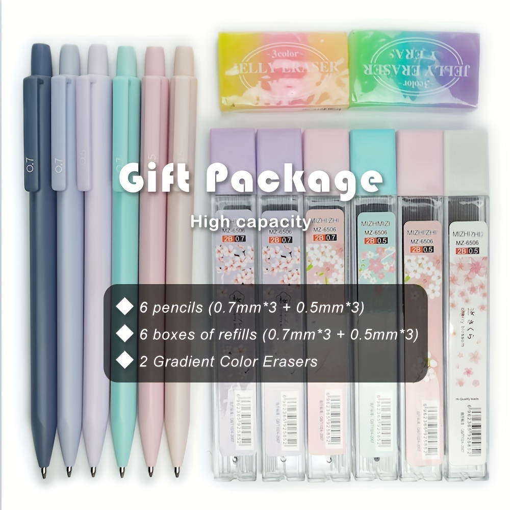 

14-piece Pencil Set, 6 Macaron-colored 0.5mm/0.7mm Triangular Stick Automatic Pencils, Including 3 Boxes Of 0.5mm Refills And 3 Boxes Of 0.7mm Refills, And 2 Erasers