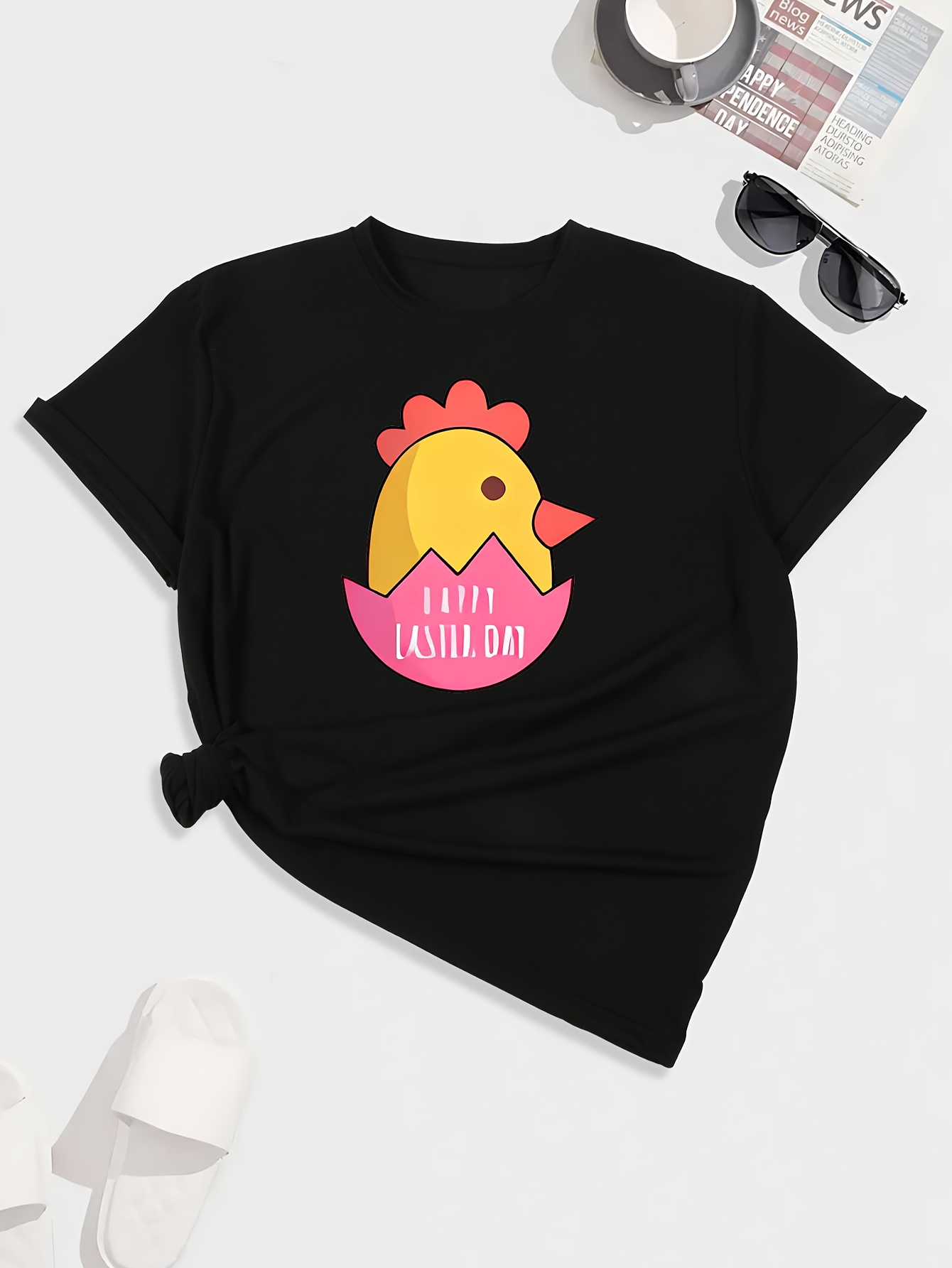 Cartoon Chicken Pattern Casual T shirt Round Neck Short - Temu Australia