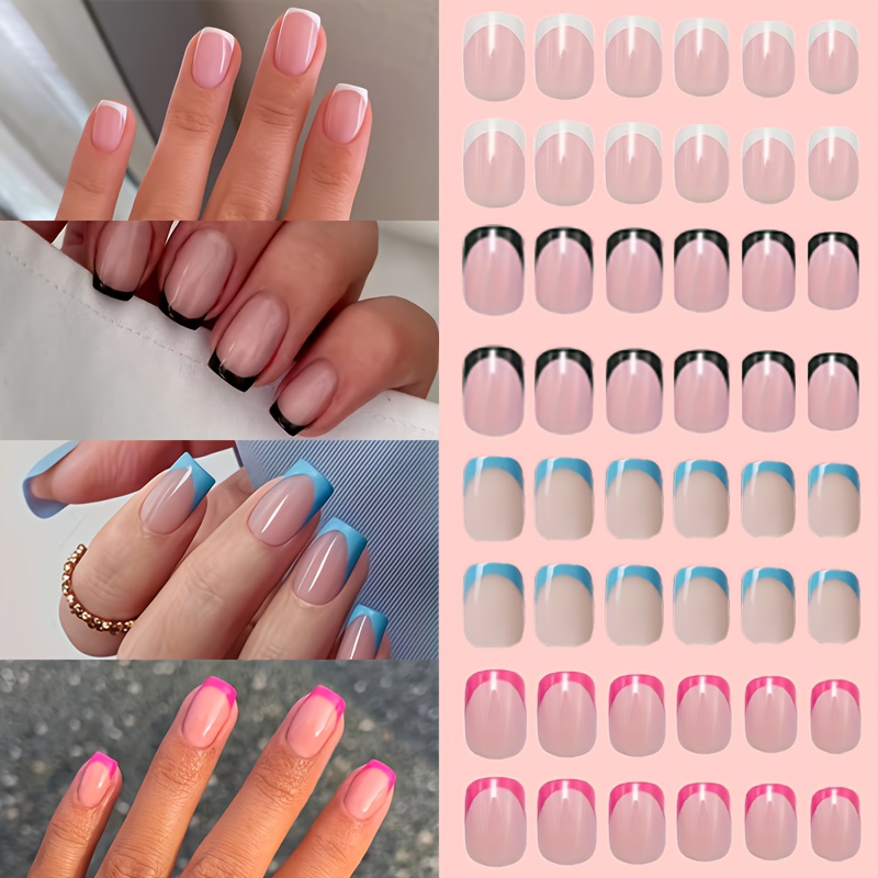 E-shop 96-teilige Kurze Quadratische Press-On-Nägel, Weiß, Schwarz, Blau Rosa French Tips, 4 Farben, 12 Größen, Vollabdeckung Minimalistischer Stil,
