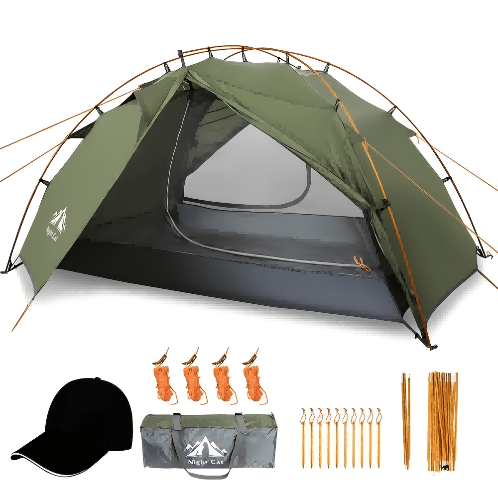 Image of Night Cat 2 Man Camping Tent 2 Person Backpacking Tent Double Layer Up Lightweight For Camping Hiking Shade Included A Black Hat