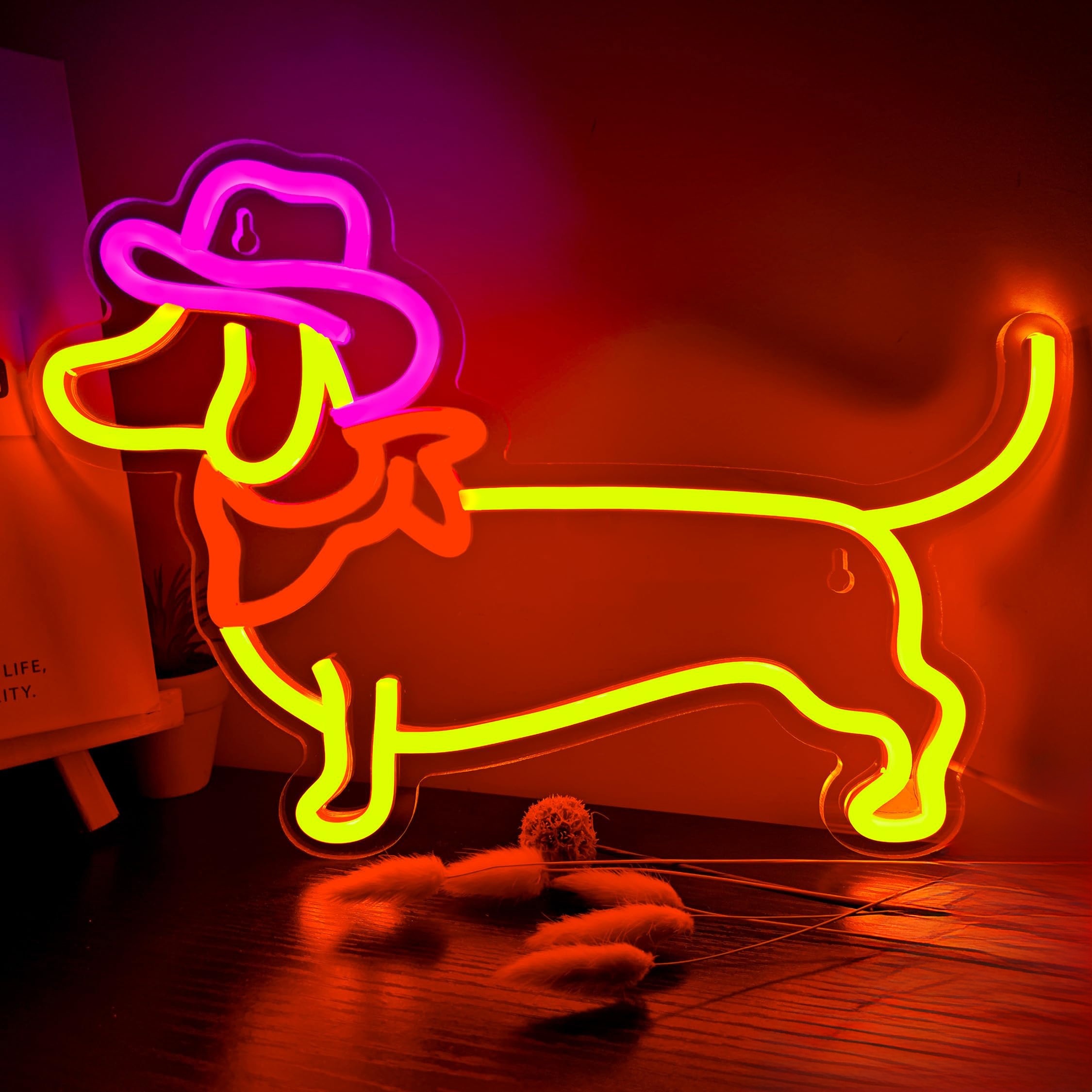Image of 1pc Sausage Dog Led Neon Sign, Wall Decoration Art, Cute Little Dog With Cowboy Hat Design, Suitable For Pet Store Bedroom Wall, Decoration, Dog Themed Party Accessories, Holiday Gifts For Dog Lovers