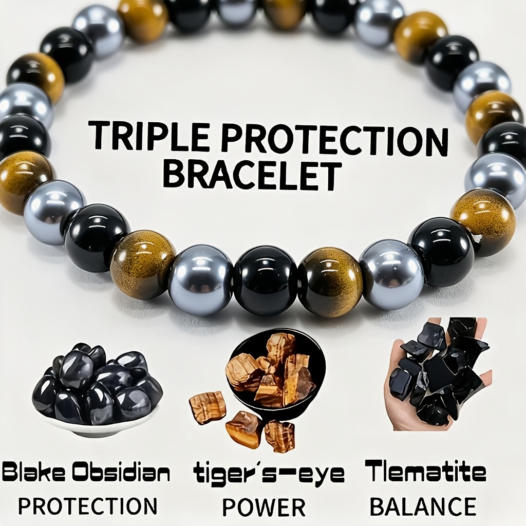 Three Types of Stones Bracelet: Tiger's Eye, Obsidian, Black Stone