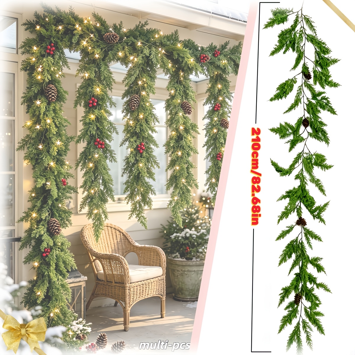 TEMU Guirlande de Noël extra-longue de 210 cm/82,68 pouces en pin de Norfolk artificiel, avec un feuillage dense et doux de pommes de pin