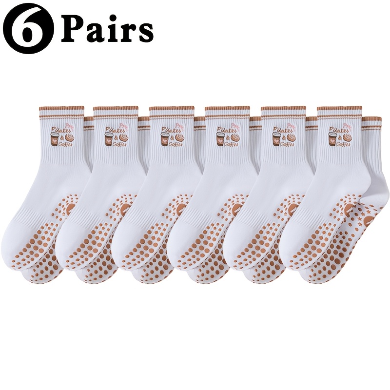 E-shop 6 Paar Damen -Rutsch Yoga-Socken mit süßer Kaffeebohnen-Verzierung – Weiche, atmungsaktive Alljahres-Gymnastiksocken für Pilates, Tanz, Training