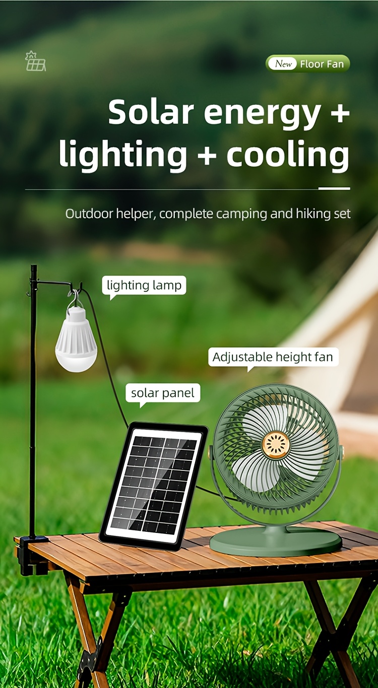 A Easy Outdoor Solar-Powered Floor Fan with a Circulating Function, Featuring Four Height Adjustment Modes, a Type-C Quick Charging Version, a Five-Speed Desktop Fan, a Retractable Electric Floor Fan, an Ultra-Long-Lasting Outdoor Cooling Device