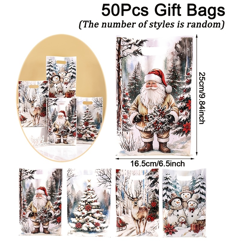 TEMU Gift For Her/him 10/-pcs Retro Christmas Tote Bags With Handle - 4 Designs Mixed, Suitable For Christmas & New Year Party Favor Bags, Pp Plastic
