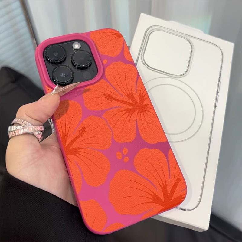 TEMU Phone Case: Orange Hawaiian Floral Pattern Lychee Texture Comfortable Feel Phone Case, Tpu Pattern Mobile Phone Case Suitable For Iphone