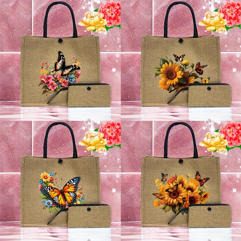 

Set Printed Jute Tote Bags, Large Capacity Gift Bags, Women's Fashion Handbags For Work, School, Shopping, Beach