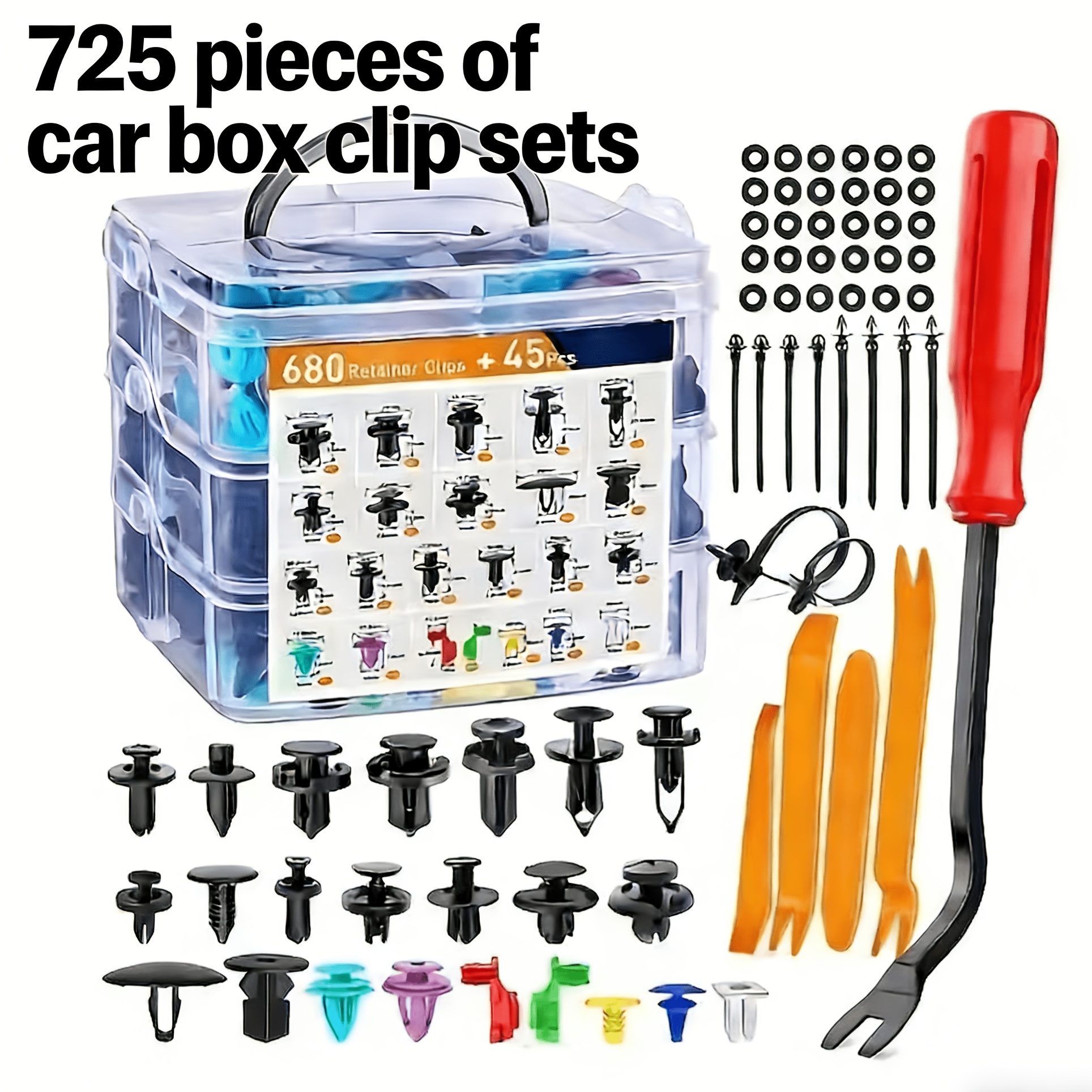 TEMU 725pcs Car Fastener Kit, 1 Set Includes 680pcs Clips And 45pcs Removal Tools Universal Nylon Rivets For Bumper, Door Panel, Fender Suitable For