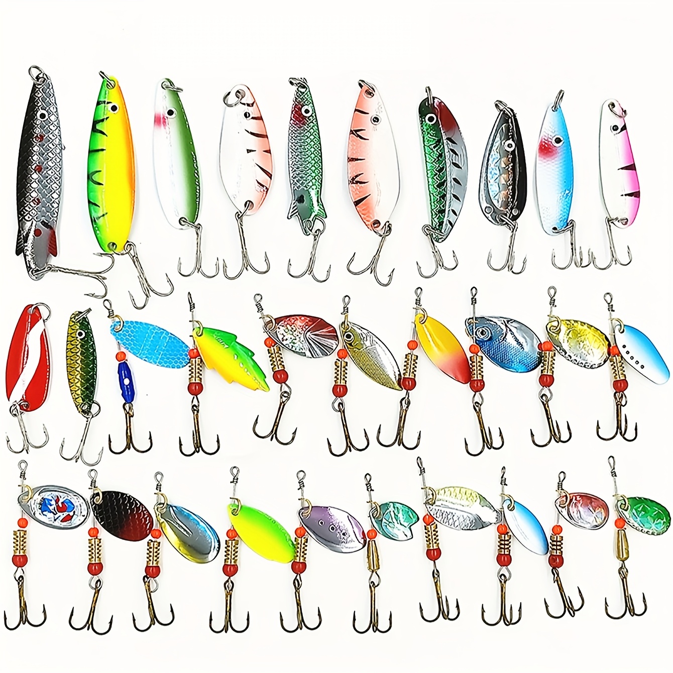 30pcs Metal Rotating Hook and Spoon Lure Set with Plastic Storage Box - Perfect for Trout, Pike, Bass, and Salmon Fishing, Lifelike Artificial Baits, Fishing Tackle Accessory