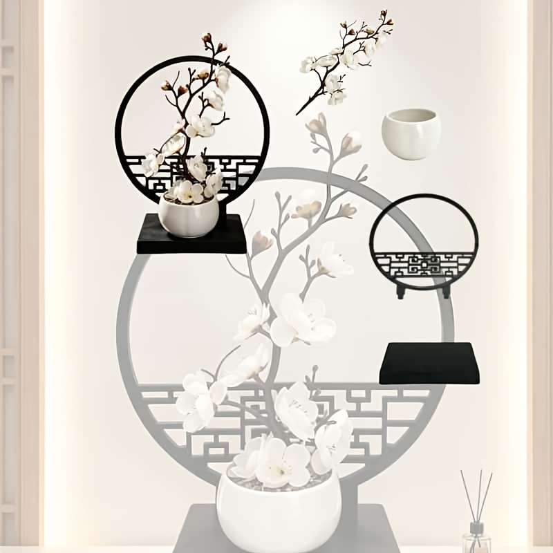 TEMU 3pcs Set Of New Chinese-style Black Screen Partition With Simulated Winter Plum Blossoms, Home Decor Mini Plastic Vase, And Courtyard/foyer