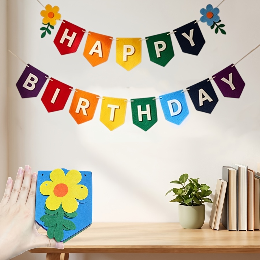 TEMU 1 Pack, Feutre Coloré " Anniversaire" avec Bannière de Fleurs, Décoration de Fête d'Anniversaire Multicolore, Bannière d'Anniversaire