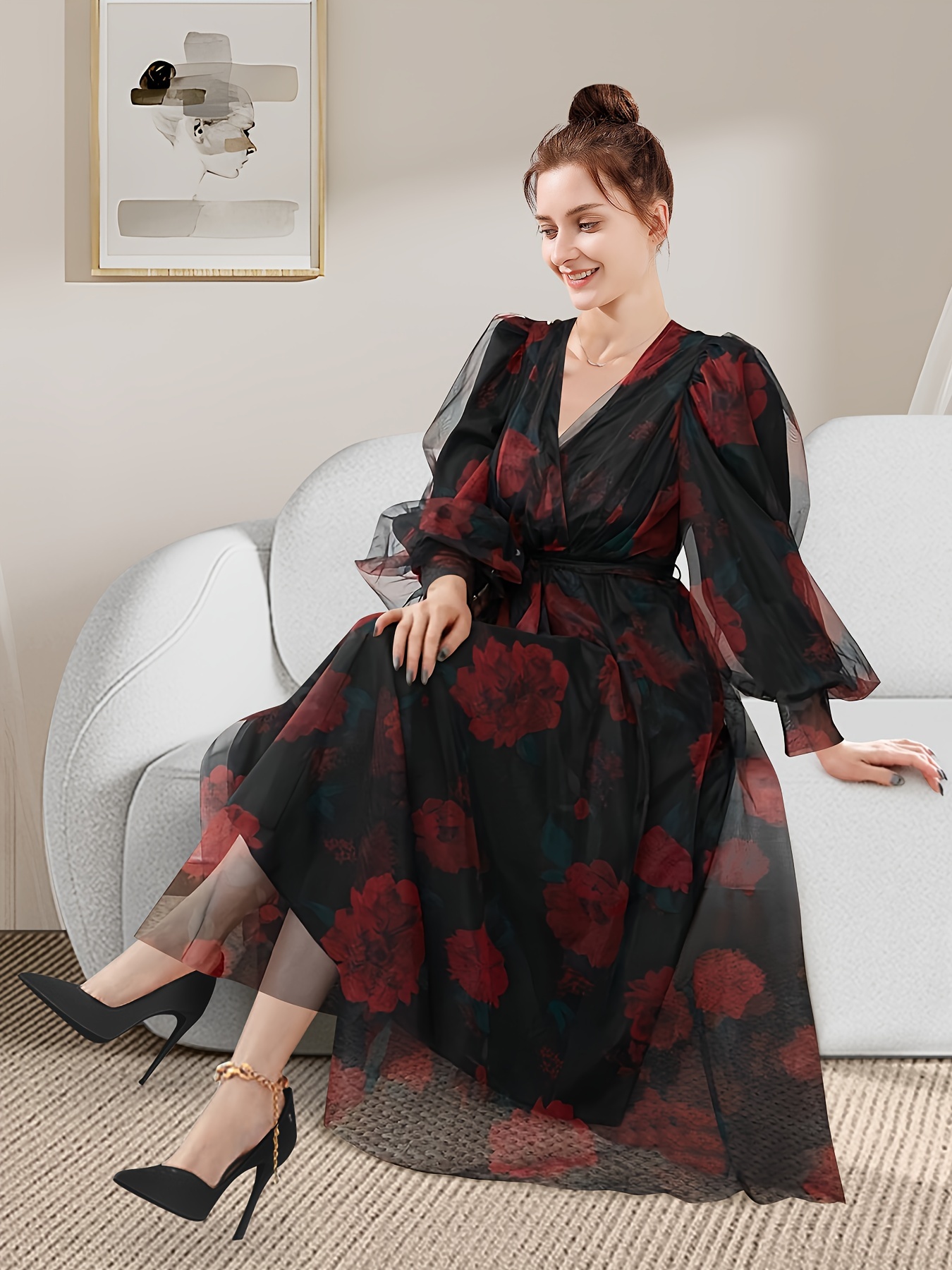 1pc elegant floral print sheath dress women v neck long - Temu Norway