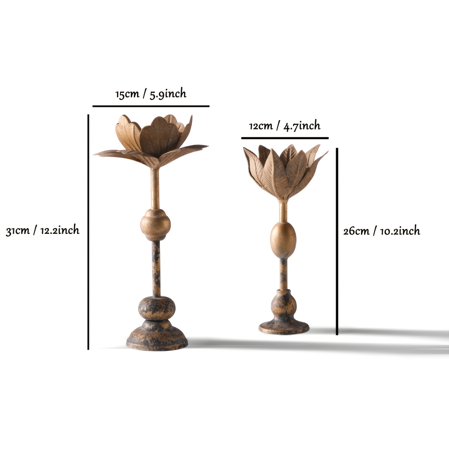 Vintage Flower Candle Holders, Distressed Bronze Metal Lotus Petal Design, Rustic Farmhouse Table Centerpiece for Dining Room, Wedding, Living Room Decor, 30.99cm & 25.91cm