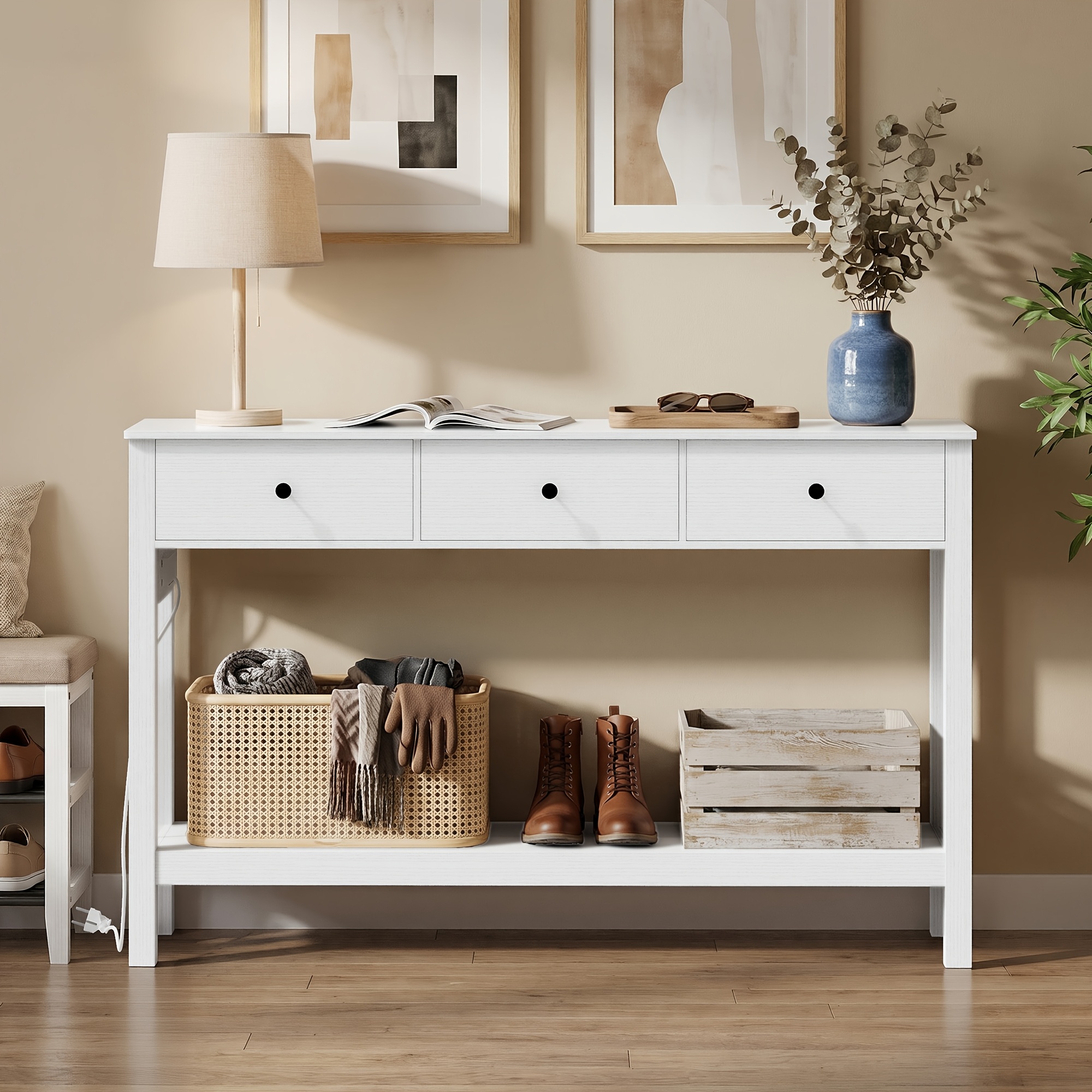 Narrow Console Table With 3 Drawers And Bottom Storage Shelf, Modern White Entryway Table Sofa Table, Sturdy Wooden Hallway Table For Living Room, And Foyer