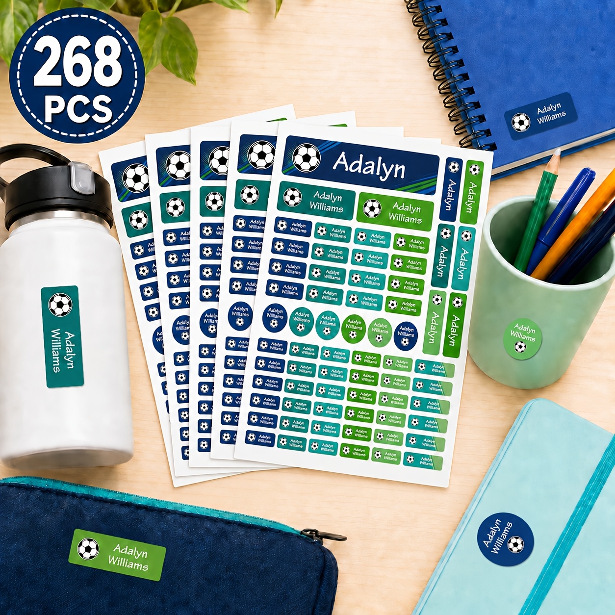 TEMU 67/268pcs Personalized Soccer Name Stickers, Custom Labels For Water Bottles, Lunch Boxes, School Supplies, Multiple Size Self-adhesive Label