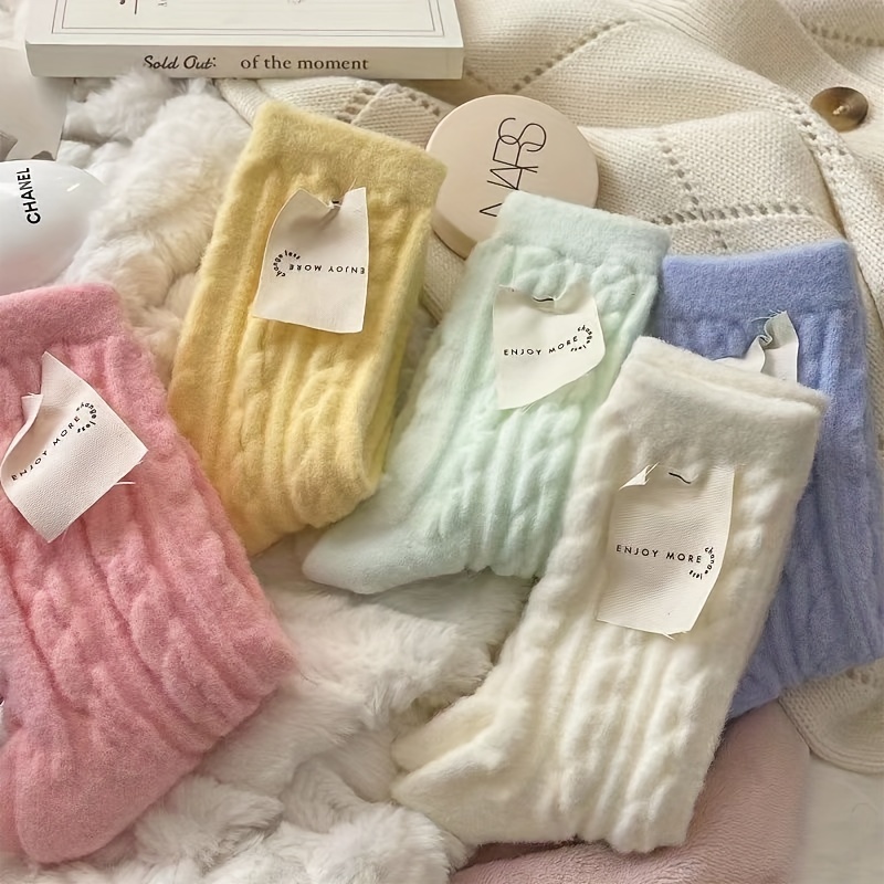 

5pcs Cozy & Soft Plush Mid-calf Socks For Women - , Warm In Macaron Colors