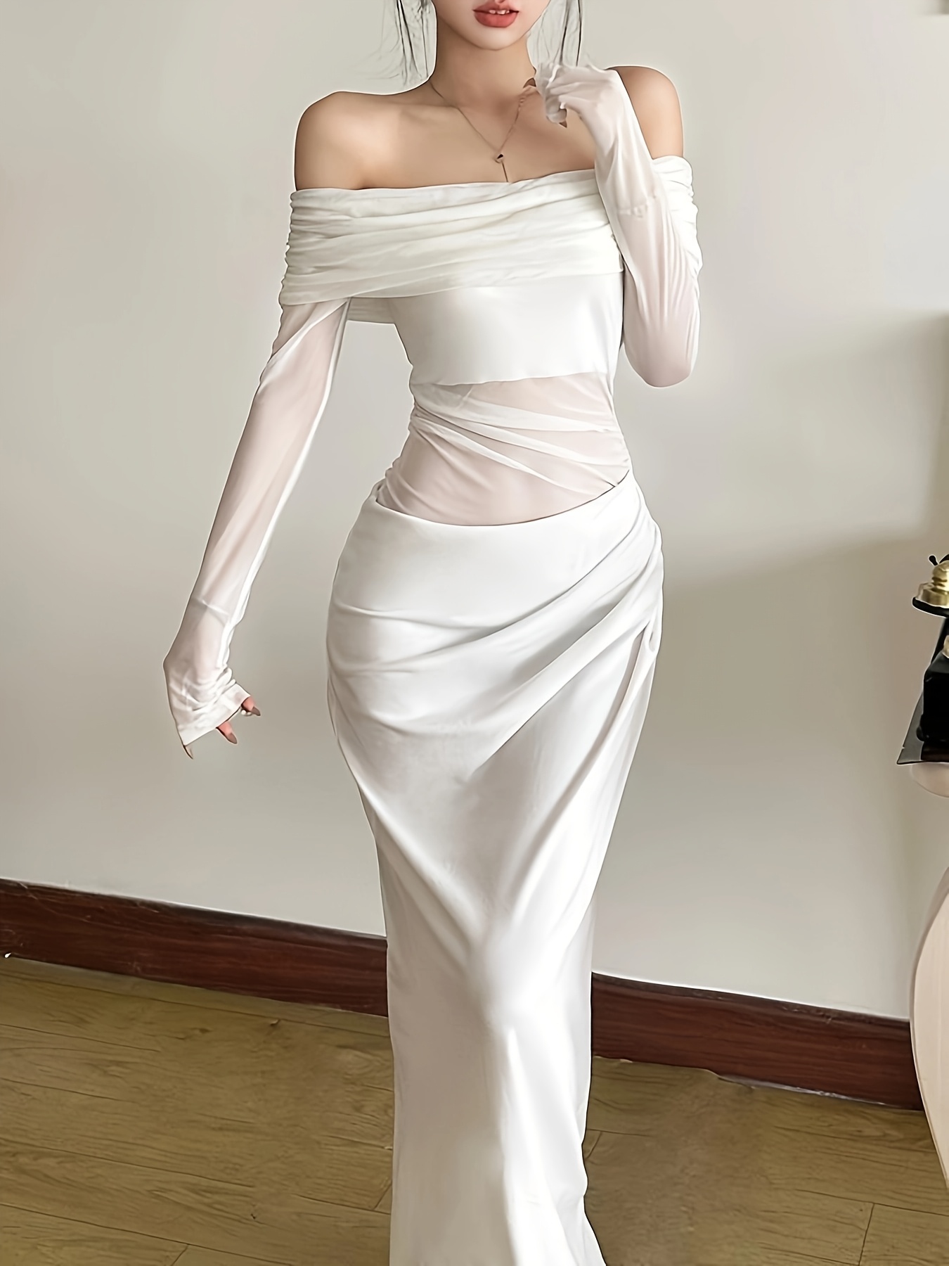 Elegant Off-Shoulder Mesh Long Dress for Women White, Pencil Skirt with  Contrast Mesh Detail Adult Wear, Adult Fashion Of