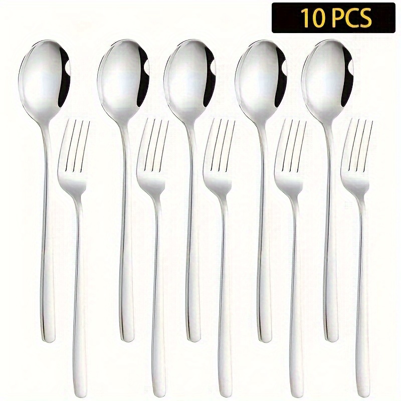 E-shop 10-teiliges Löffel- und Gabelset aus Edelstahl, erhältlich in Gold und Silber. Koreanische Löffel und Gabeln, geeignet für Küche und Restaurant