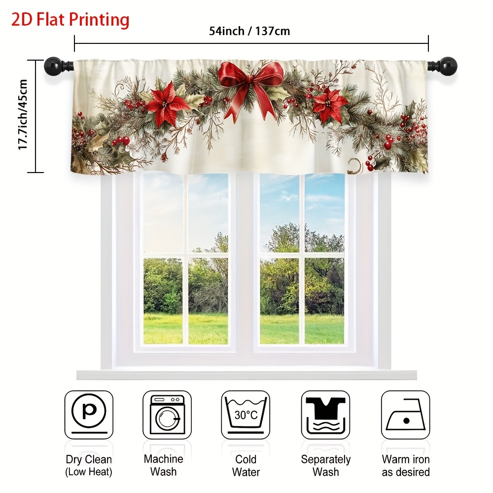 TEMU 2d Flat - 2d Flat - 1pc Of A Christmas Wreath Featuring Pine And Berries, Designed As A Valance Curtain With A 2d Flat Print And A Pocket For
