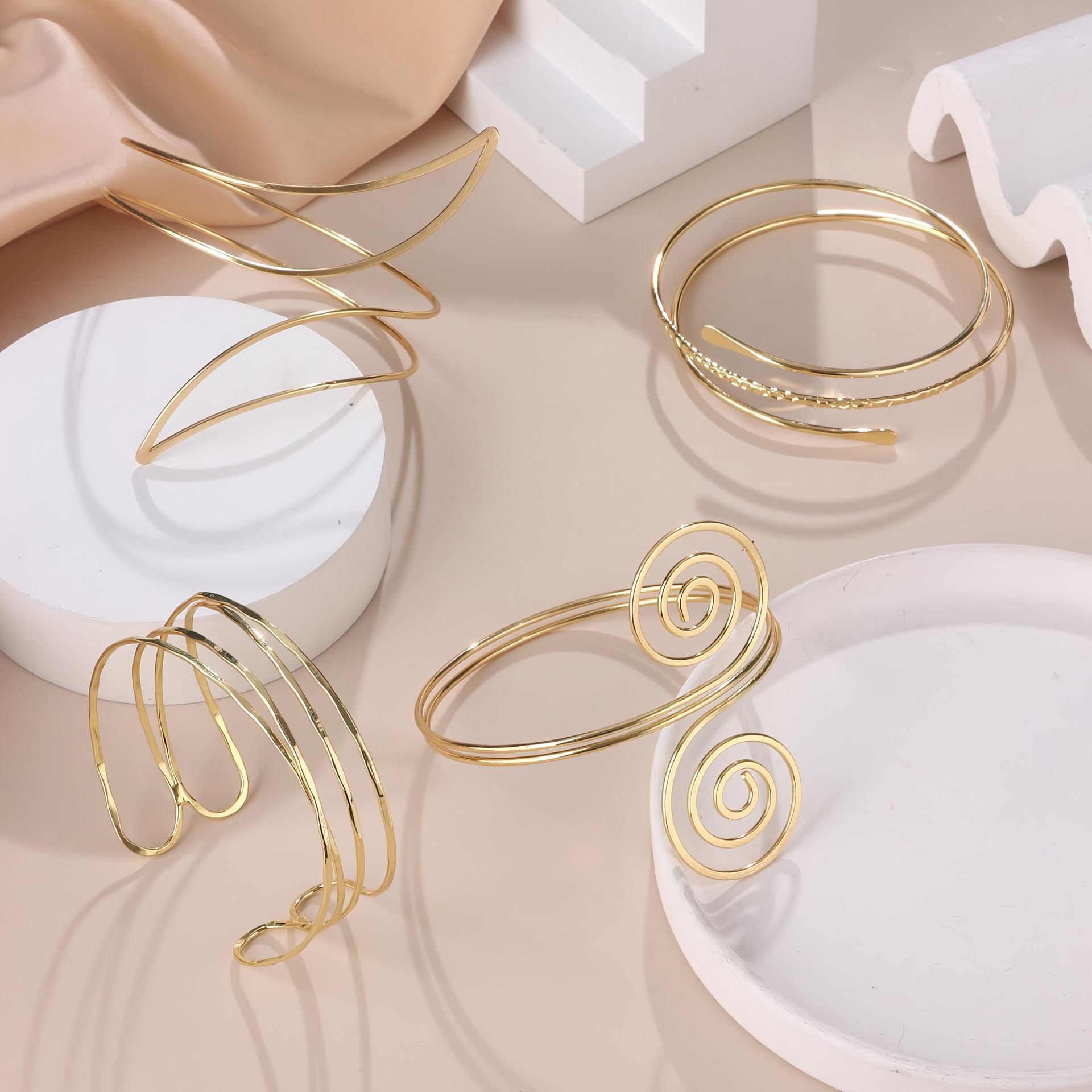 TEMU 4pcs Vintage Spiral Crossed Parallel Lines Adjustable Open Women's Fashion Arm Cuff Bracelet