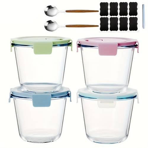 2 4pcs set round glass storage container with lid and spoon with stickers and pen leak proof glass container for soup lunch salad ice cream lid with 4 locking tabs microwave dishwasher and freezer safe