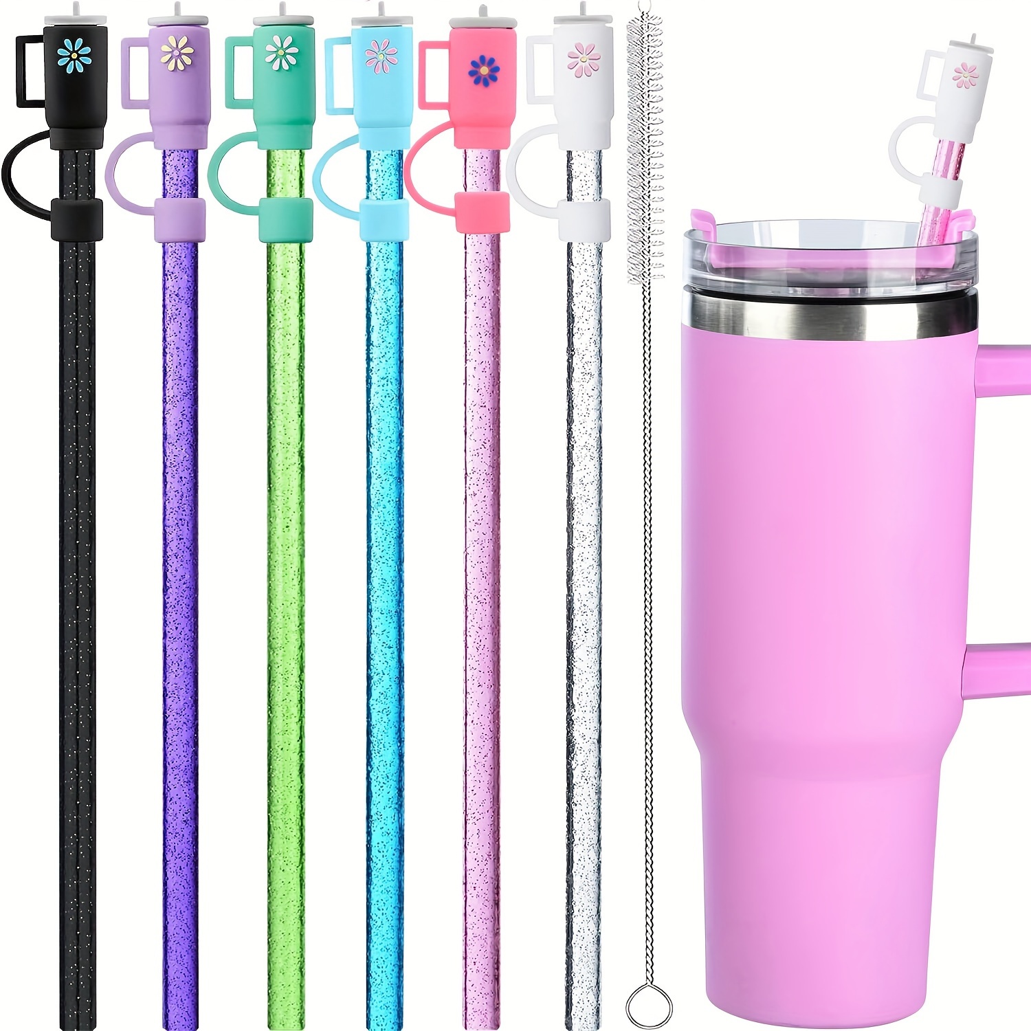 

6pcs, Straw, Colorful Glitter Straw With Straw Tips Cover, Straw For Stanley Cup 40oz 30oz 20oz, Reusable Glitter Straw With 1 Cleaning Brush, Party Supplies, 12inch