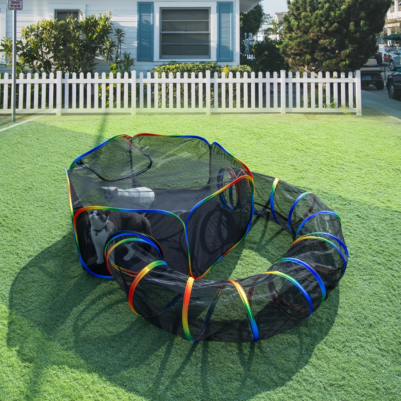 TEMU Dream Portable Outdoor Cat Playpen With Tunnel - Colorful Nylon Mesh Enclosure For Indoor Cats & Small Animals, Easy To Assemble, Cage- For Play & Relaxation, Playpen For Cats, Dream
