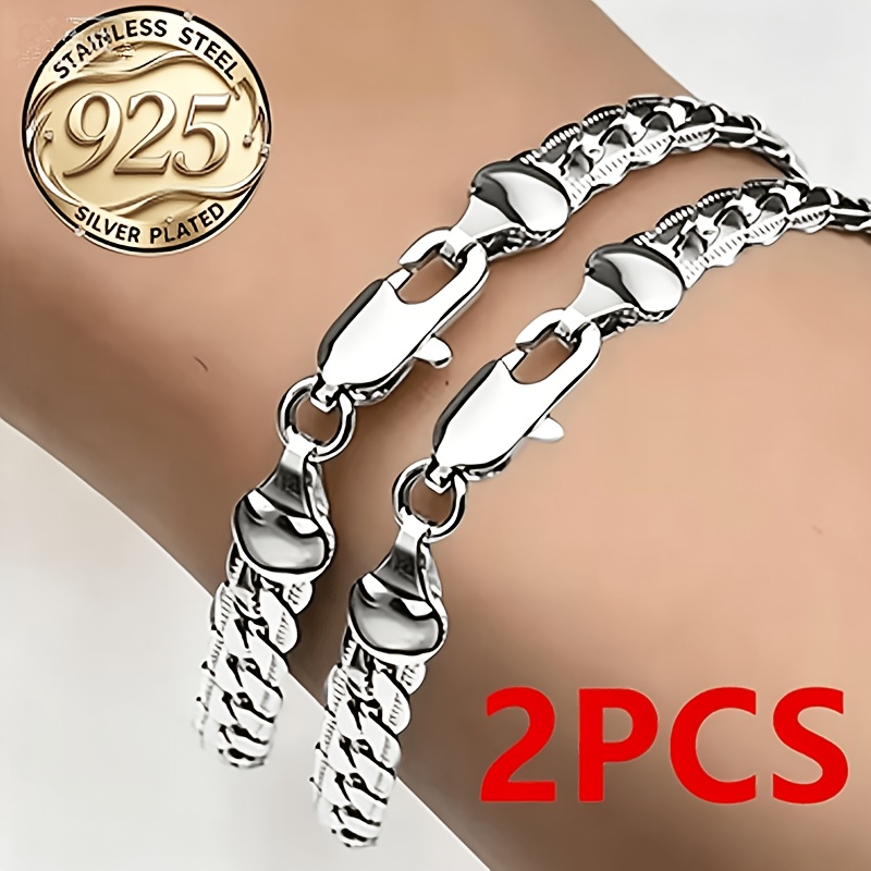 TEMU 2 Bohemian-style 925 Silver-plated Elegant Design Bracelets, Unisex Fashionable Daily Accessory Silvery Woven Bangle, Versatile Jewelry Suitable