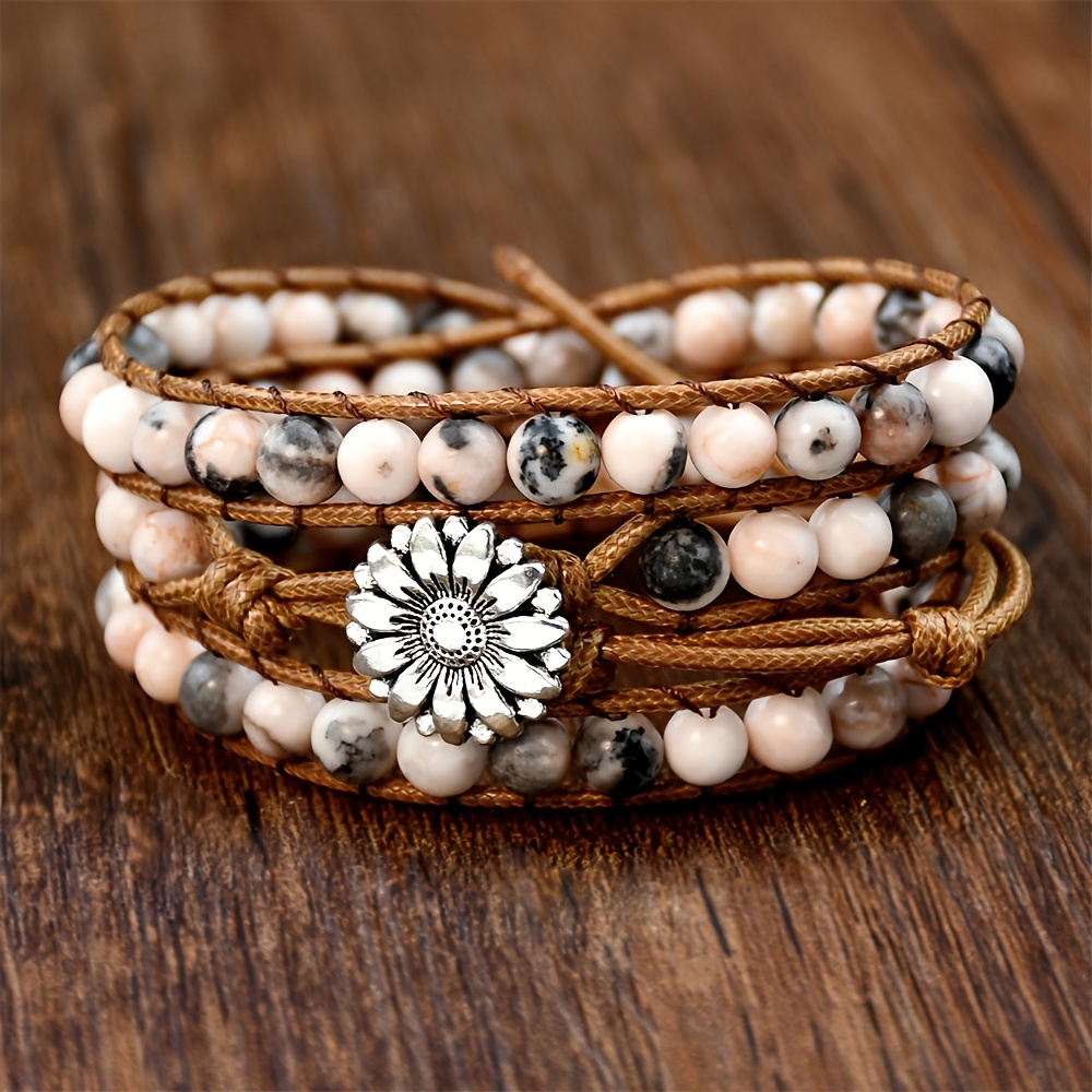 Image of Natural Stone [boho Chic] 1pc Women's Stylish Bracelet, Bohemian Handmade Pink Beaded Wrap Bracelet - Leather Cord, Natural Stone Jewelry, Daily|vacation Accessory, Suitable For Women &