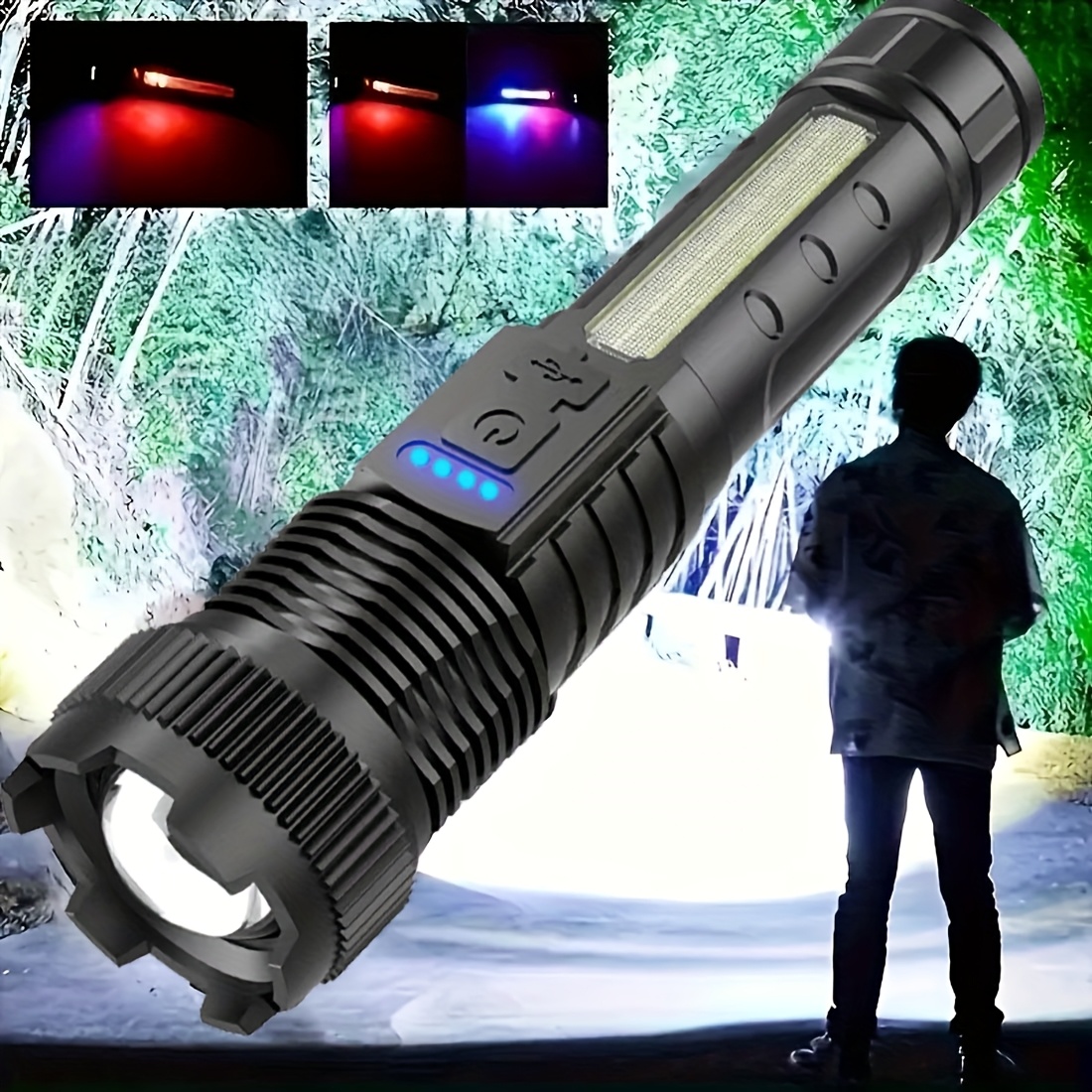 TEMU Usb Rechargeable Led Flashlight - Portable Handheld Torch With 6 , Built-in Lithium Battery For Camping, Fishing, Hiking & Emergency , Black , Flashlight Rechargeable