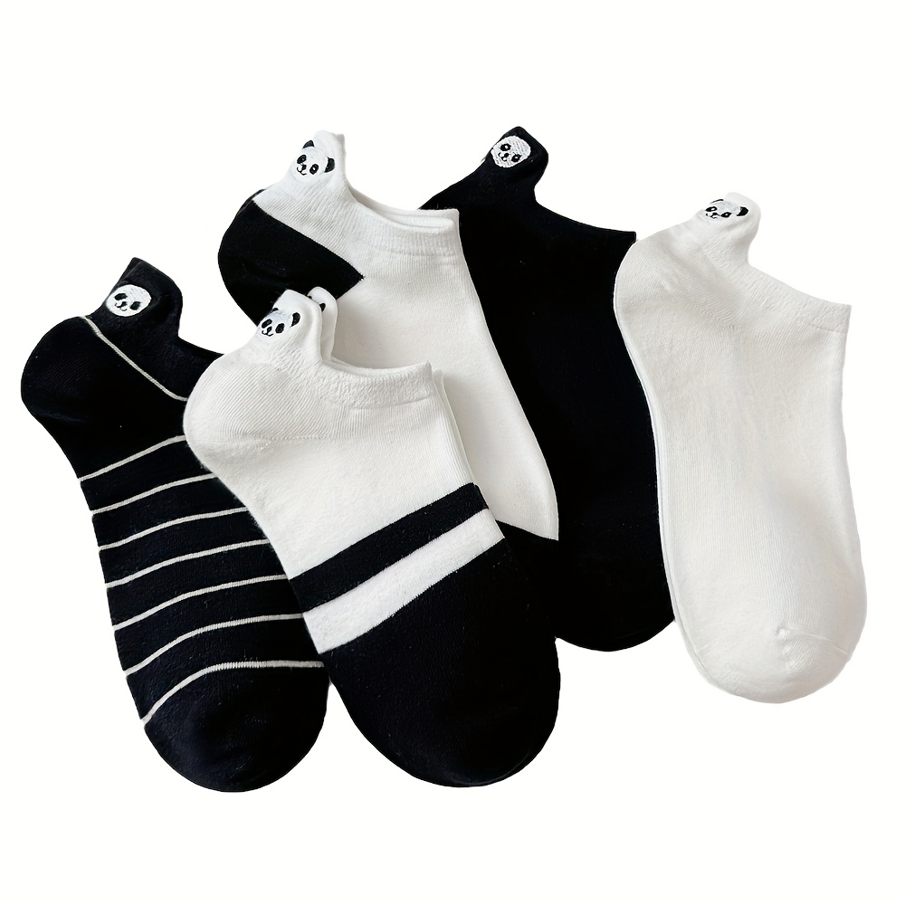 E-shop Fünf Paar bequeme, atmungsaktive, stylische vielseitige Kurzsocken mit Panda-Ohren in Schwarz Weiß