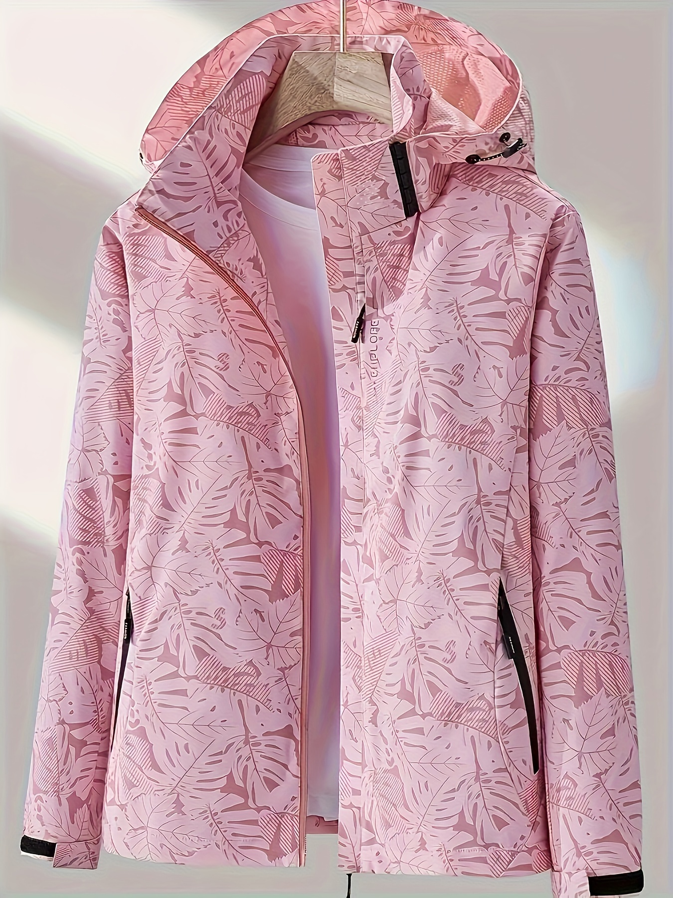 Leaf Print Outdoor Jacket Removable Hood Women's Windproof - Temu