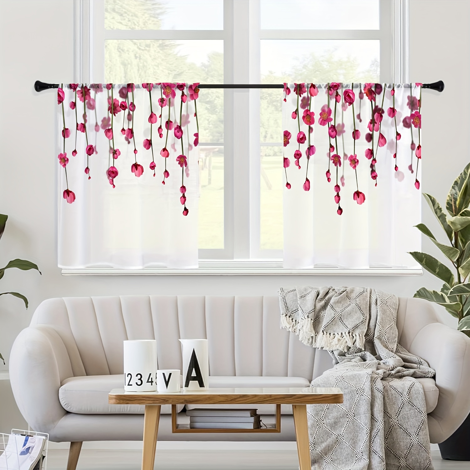 Tende Decorative 76x91 Cm Tollpiz – Cortinas De Gasa Con Estampado De Flores Y Bordado De Enredadera, Con Bolsa Para Barra Cortinas Voile Para Ventana Para Sala De Estar Set 2 Pannelli